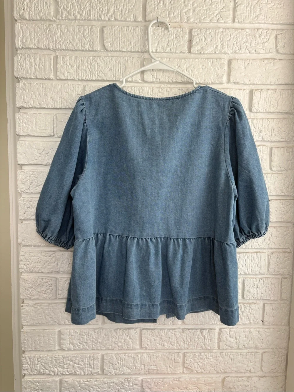 Denim Tie-Front Peplum Blouse - Light Blue - Picture 2 of 3